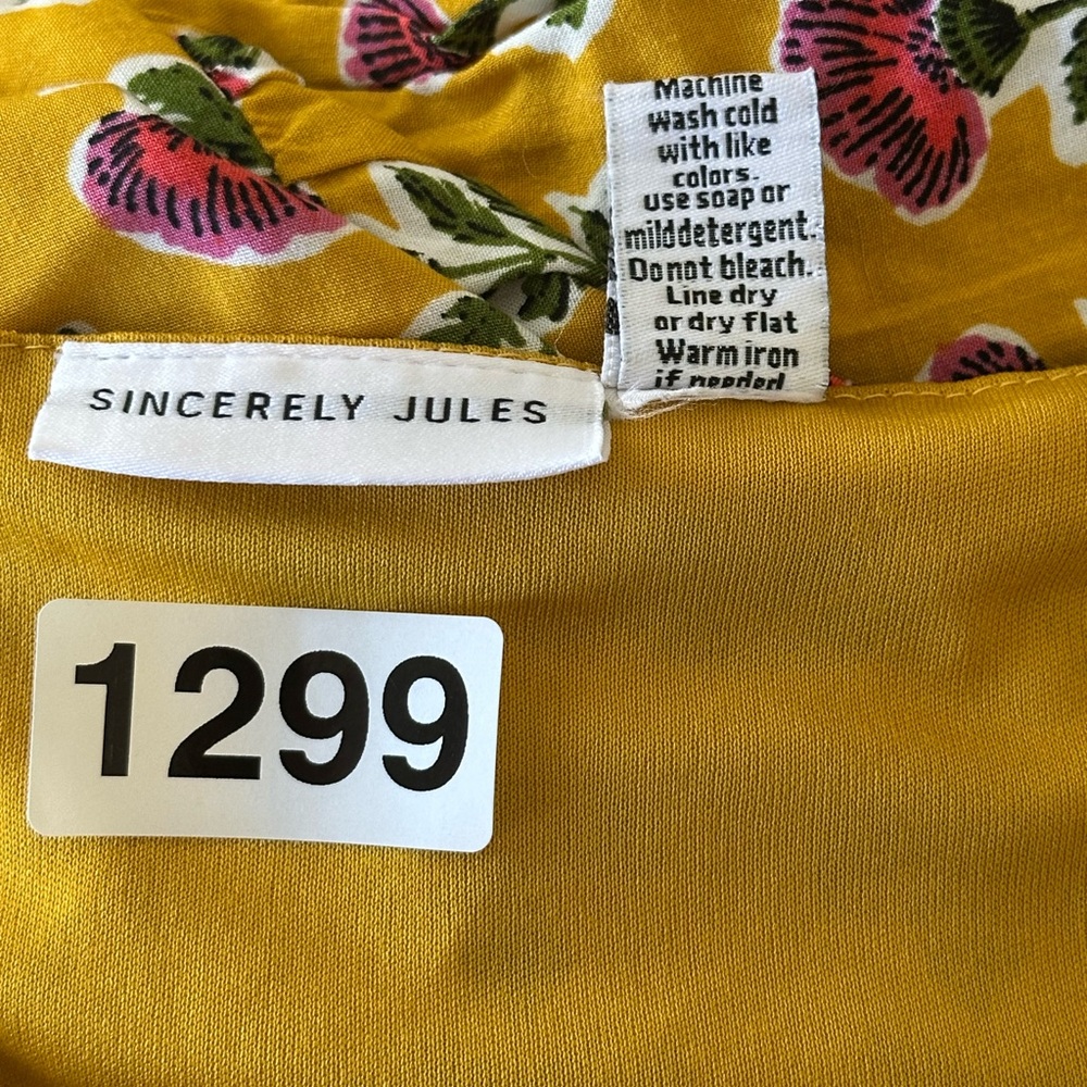 Sincerely Jules Mustard Floral Tiered Mini Dress L Boho Anthro Style Block Print - Picture 5 of 8
